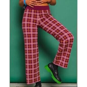 Daydreamer Pants Women Medium Burgundy knit Plaid cropped Dark Academia Preppy
